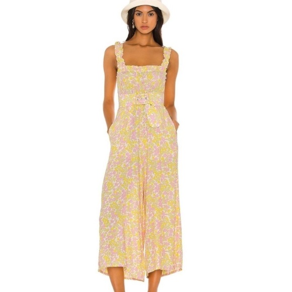 NWT NEW Faithfull the Brand yellow Floral Wide Leg Jumpsuit size M us 6 Belted - Picture 1 of 13